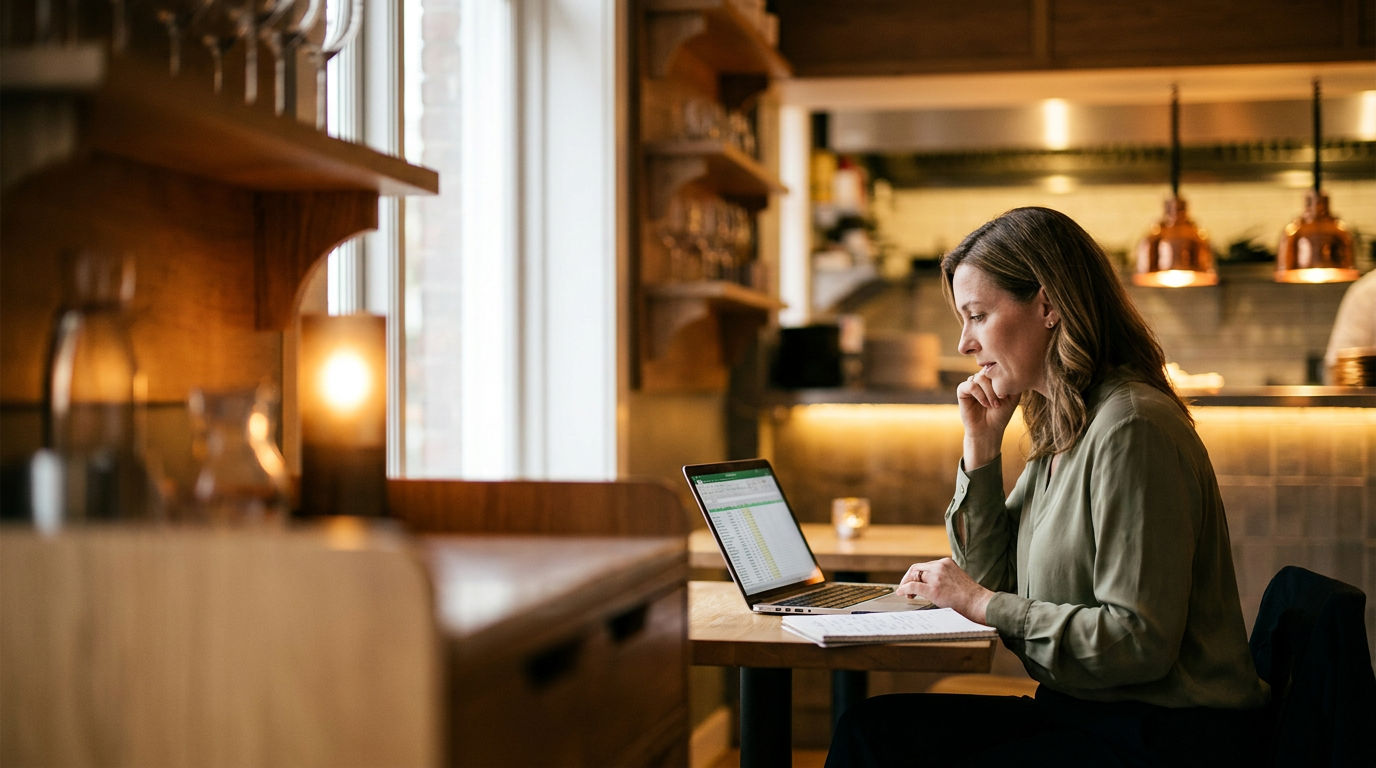 Restaurant owner reviewing financial reports on a laptop near the kitchen pass before service